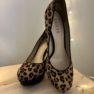 Pony hair leopard print platform heels